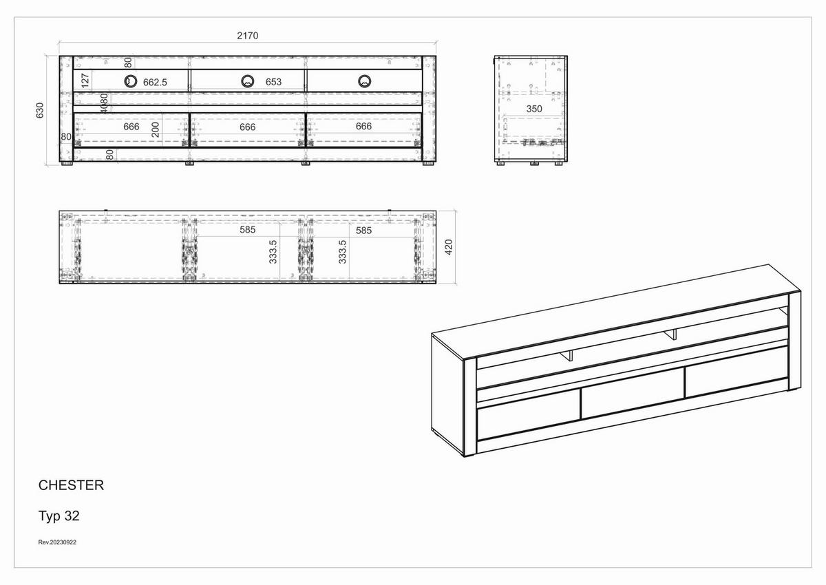 Lowboard Chester Weiß/Eichefarben B: 217cm - Eichefarben/Silberfarben, Design, Holzwerkstoff (217/63/42cm) - MID.YOU