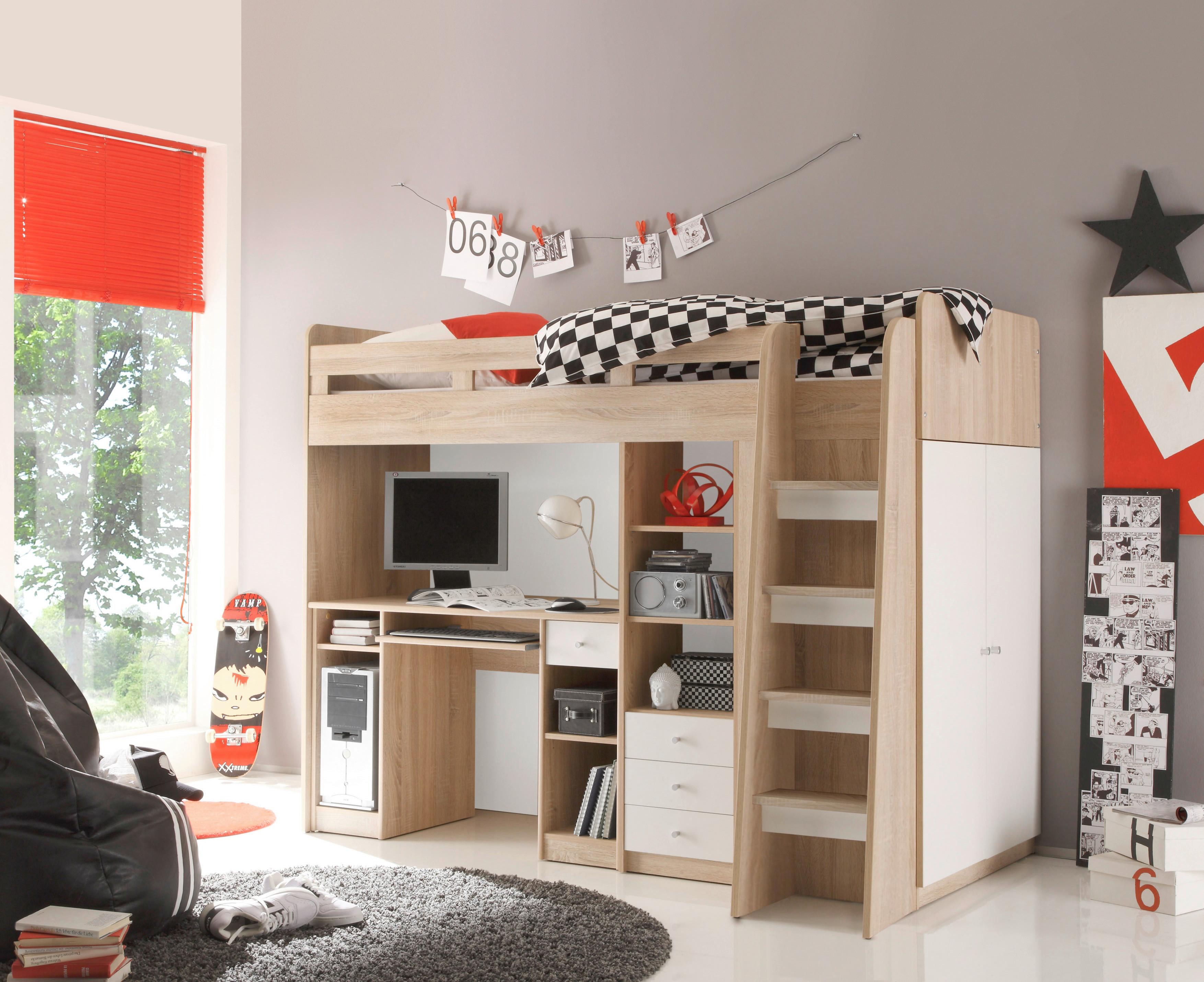 Hochbett Unit Weiß/Eiche Dekor 90 cm mit Stauraum - Eichefarben/Weiß, MODERN, Holzwerkstoff (90/200cm) - MID.YOU
