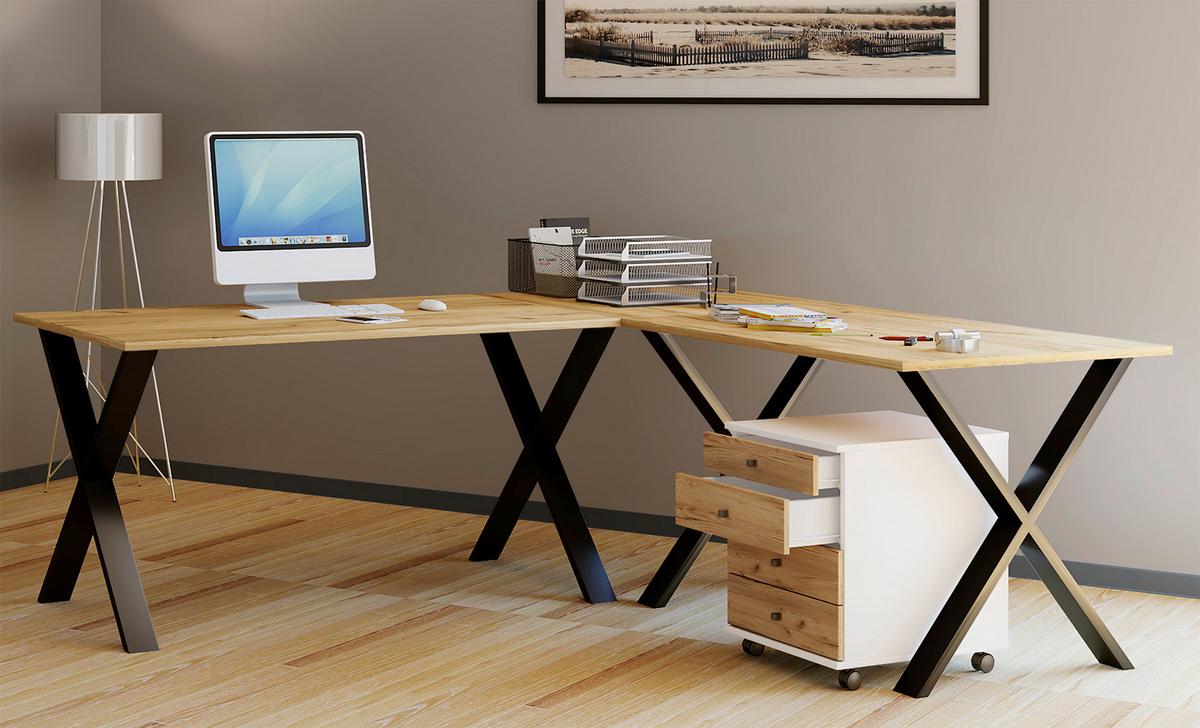 Eckschreibtisch Lona Schwarz/ Honigeichefarben, L: 160cm - Honigeiche/Silberfarben, MODERN, Holzwerkstoff/Metall (160/160/76cm) - MID.YOU