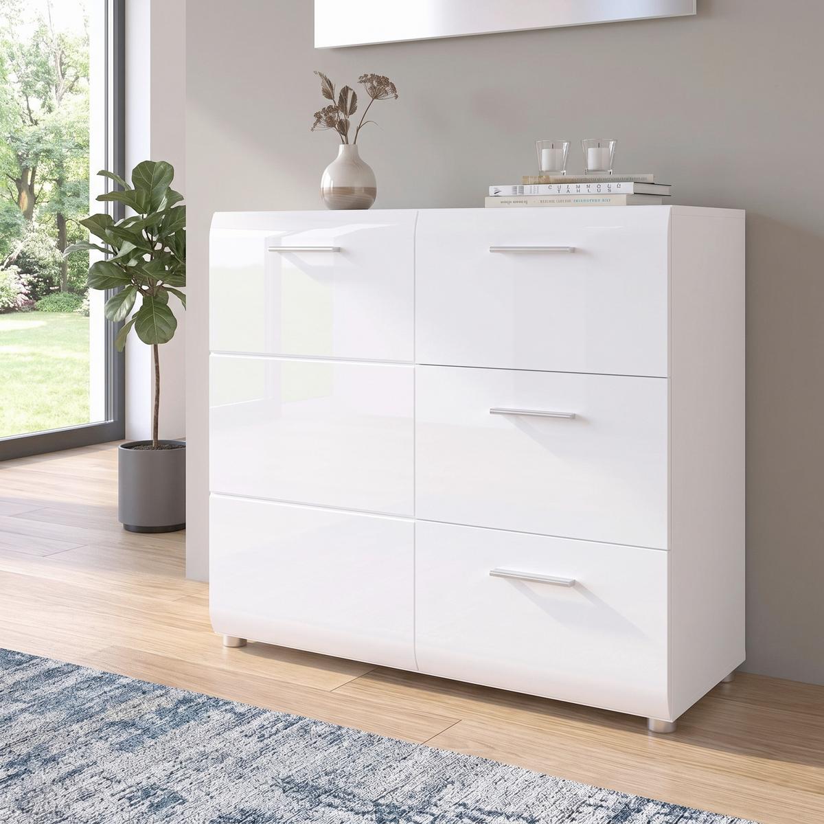 Kommode Merano Weiß B:  95,9 cm - Chromfarben/Weiß Hochglanz, MODERN, Holzwerkstoff (95,9/86/39cm) - Modern Living