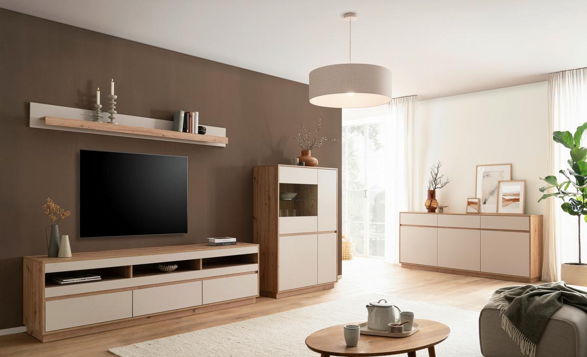 Wohnwand Sonora Eiche Artisan B: 292cm - Kaschmir/Eiche Artisan, Design, Glas/Holzwerkstoff (292/205/40cm) - MID.YOU