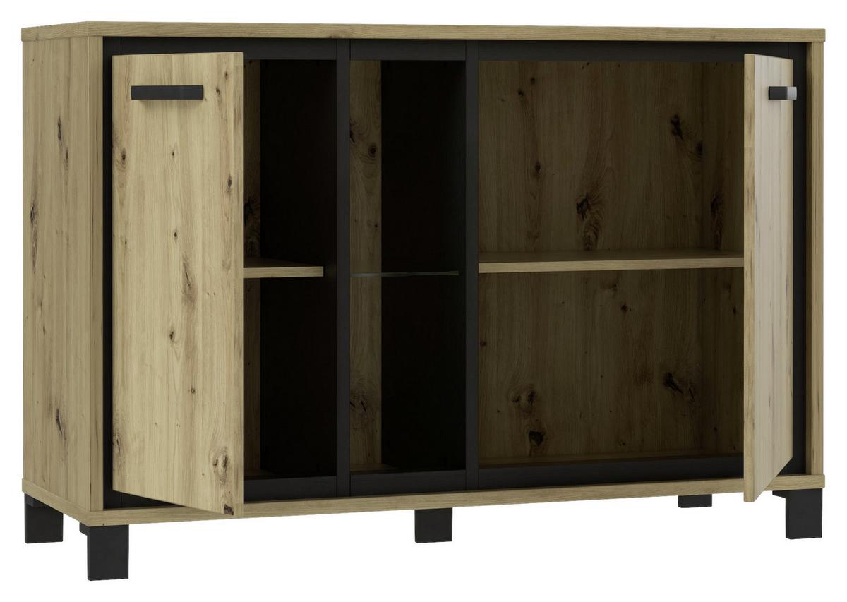 Kommode B: 120,4 cm Trondheim, Eiche Dekor/Schwarz - Eichefarben/Schwarz, Basics, Glas/Holzwerkstoff (120,4/81,3/41,5cm) - Livetastic
