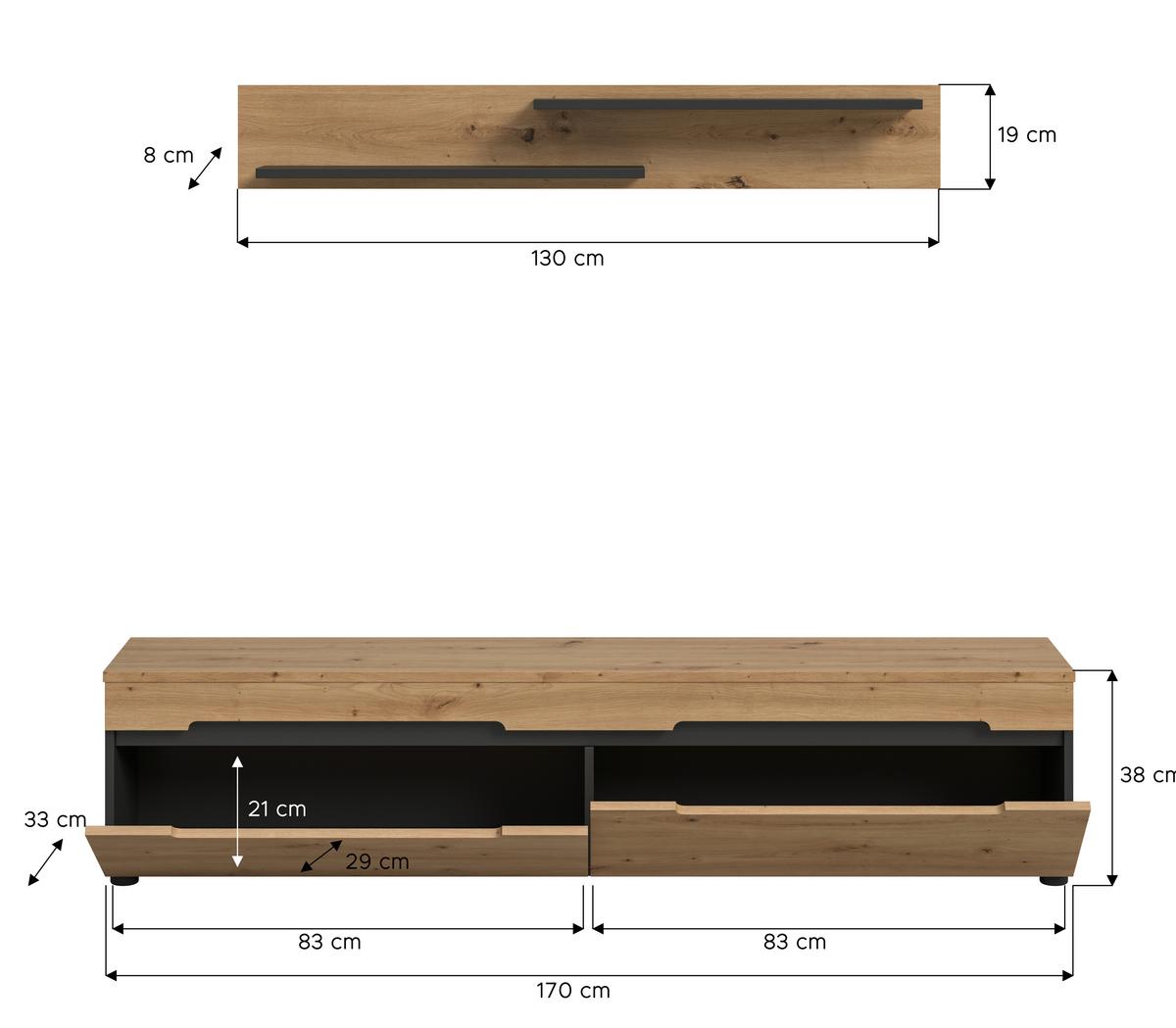 LOWBOARD Canu Eiche Dekor B: 170cm - Schwarz/Eiche Artisan, Design, Holzwerkstoff (170/38/33cm) - Livetastic