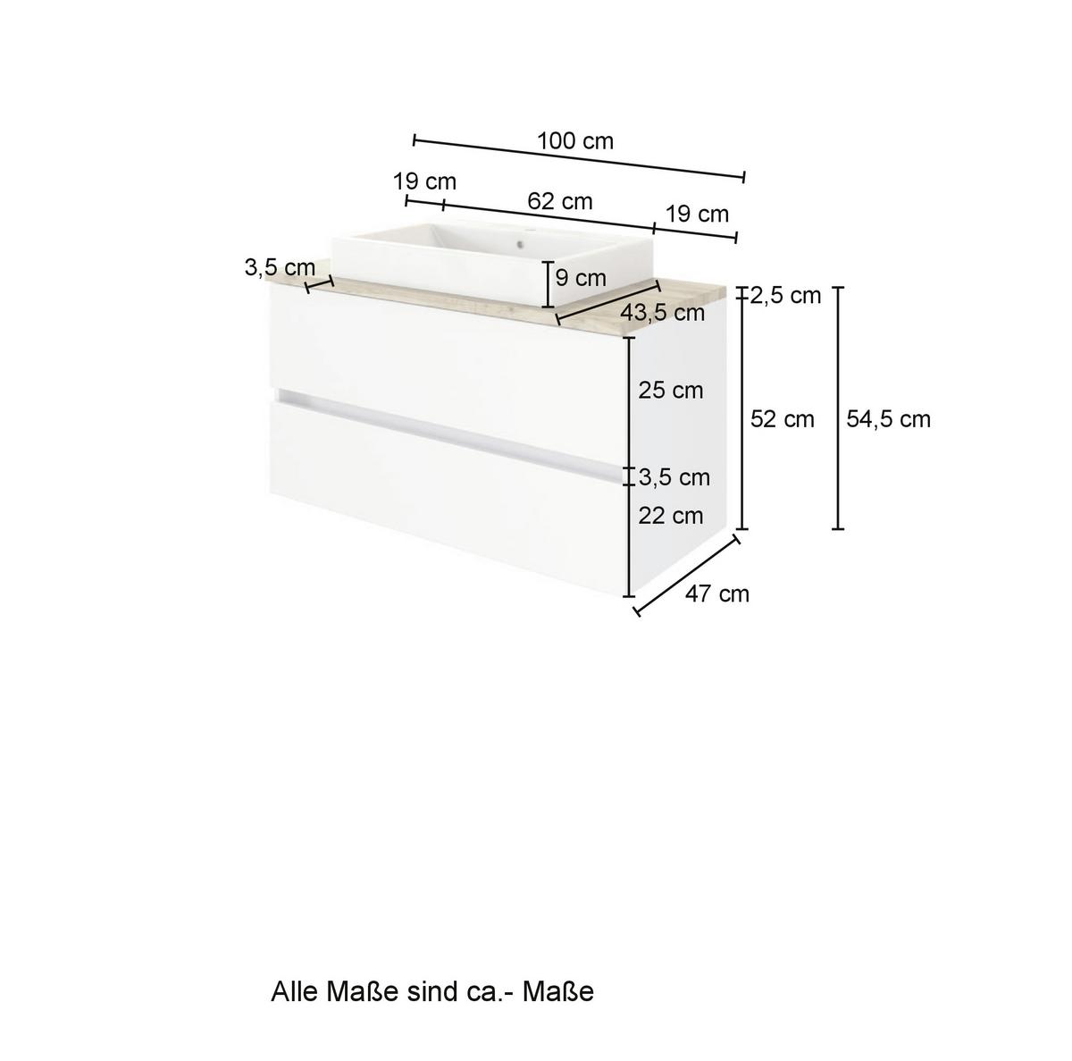 Waschbecken Mit Unterschrank B: 100 Cm, Weiß Dekor - Eichefarben/Weiß, Basics, Keramik/Holzwerkstoff (100cm) - Held