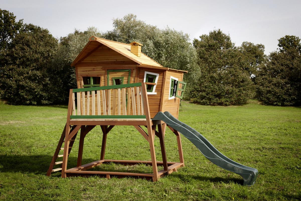 Spielhaus Holz Mit Rutsche Und Kletterwand Braun Grün Max - Braun/Naturfarben, KONVENTIONELL, Holz (435/291/180cm) - Ambia Garden