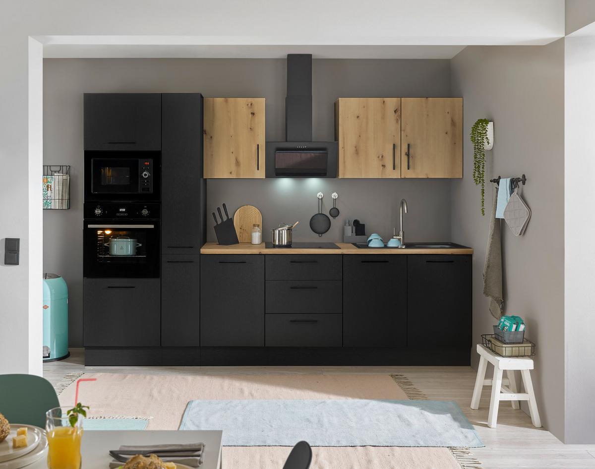 Küchenblock Turin Schwarz/eiche Dekor B: 300 Cm - Schwarz/Eiche Artisan, Basics, Holzwerkstoff (300cm) - MID.YOU
