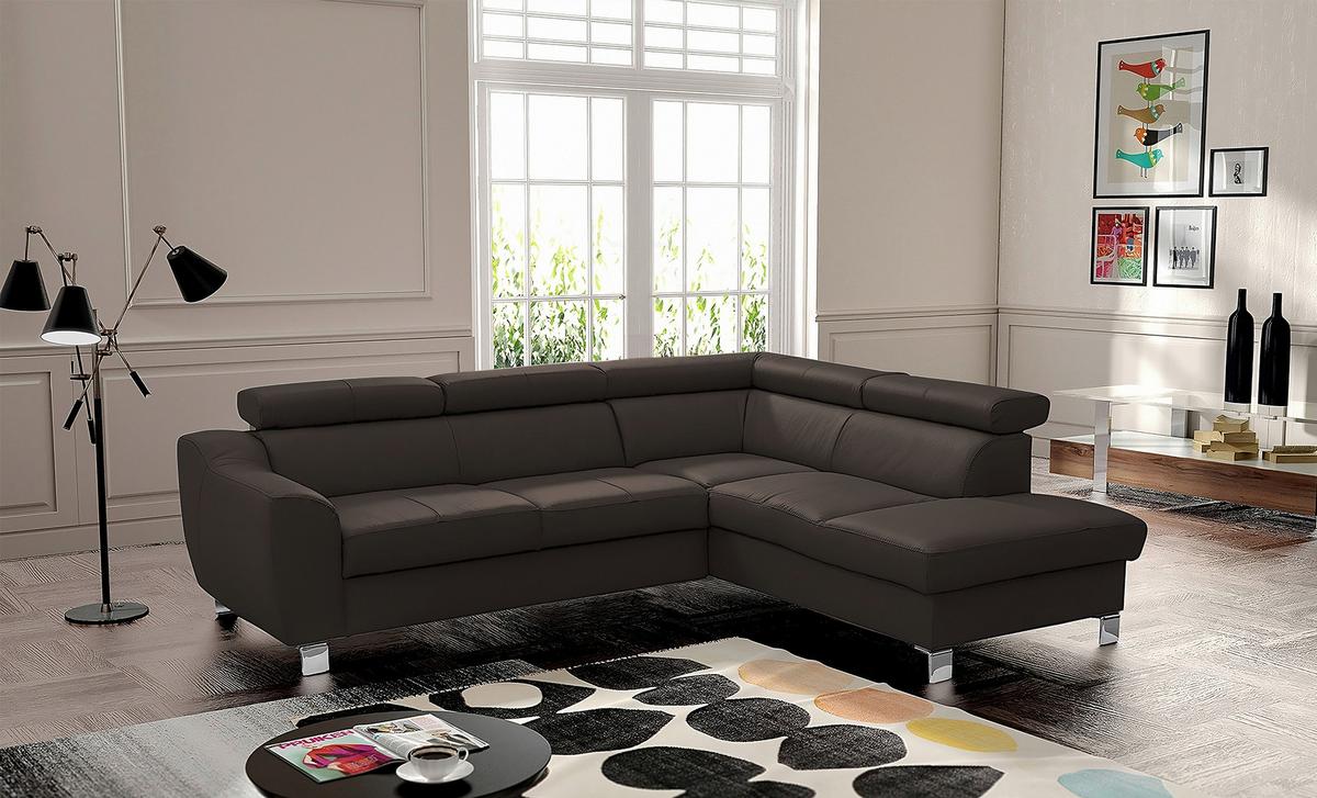 Ecksofa Aspen Lederlook Dunkelbraun 245x208 Cm - Chromfarben/Dunkelbraun, Design, Leder/Textil (245/208cm) - Livetastic