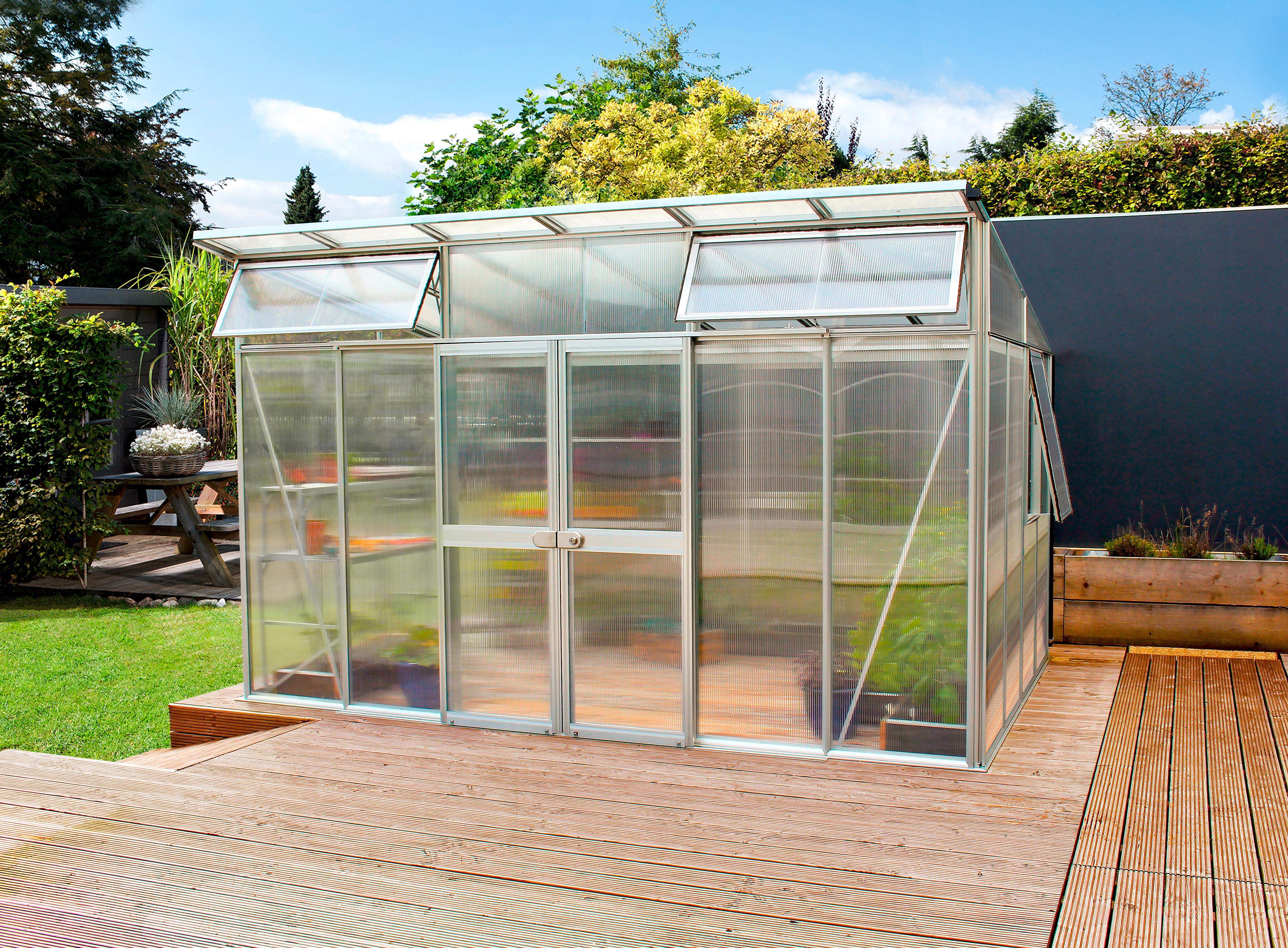 Gewächshaus mit Pultdach und alufarbenem Rahmen