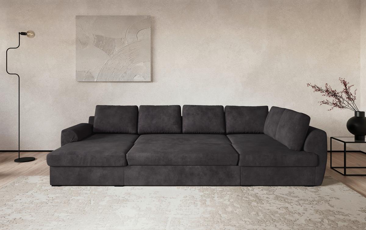 Wohnlandschaft m. Bettfunktion Mirkrofaser schwarz, B: 327cm - Schwarz, Trend, Textil (154/327/86cm) - MID.YOU