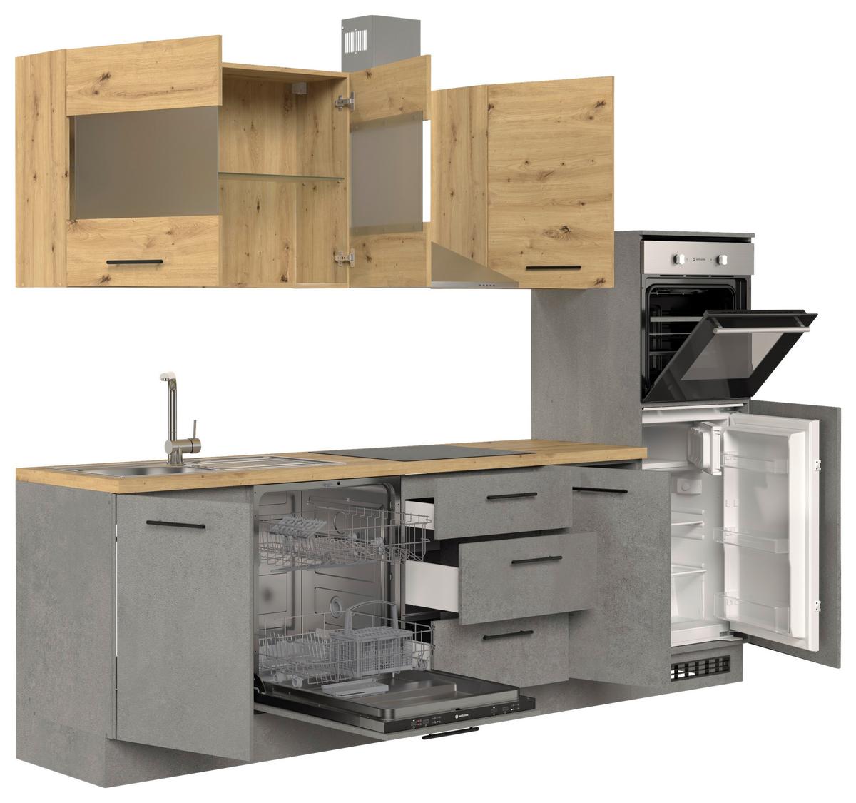 Küchenblock Capri D. Grau/Eiche Dekor B: 280 cm - Dunkelgrau/Eiche Artisan, Basics, Glas/Holzwerkstoff (280cm) - MID.YOU