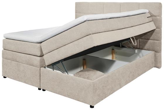 Funktionales und vielseitiges Boxspringbett in Sandfarben Boxspringbett in Sandfarben mit Bettkasten