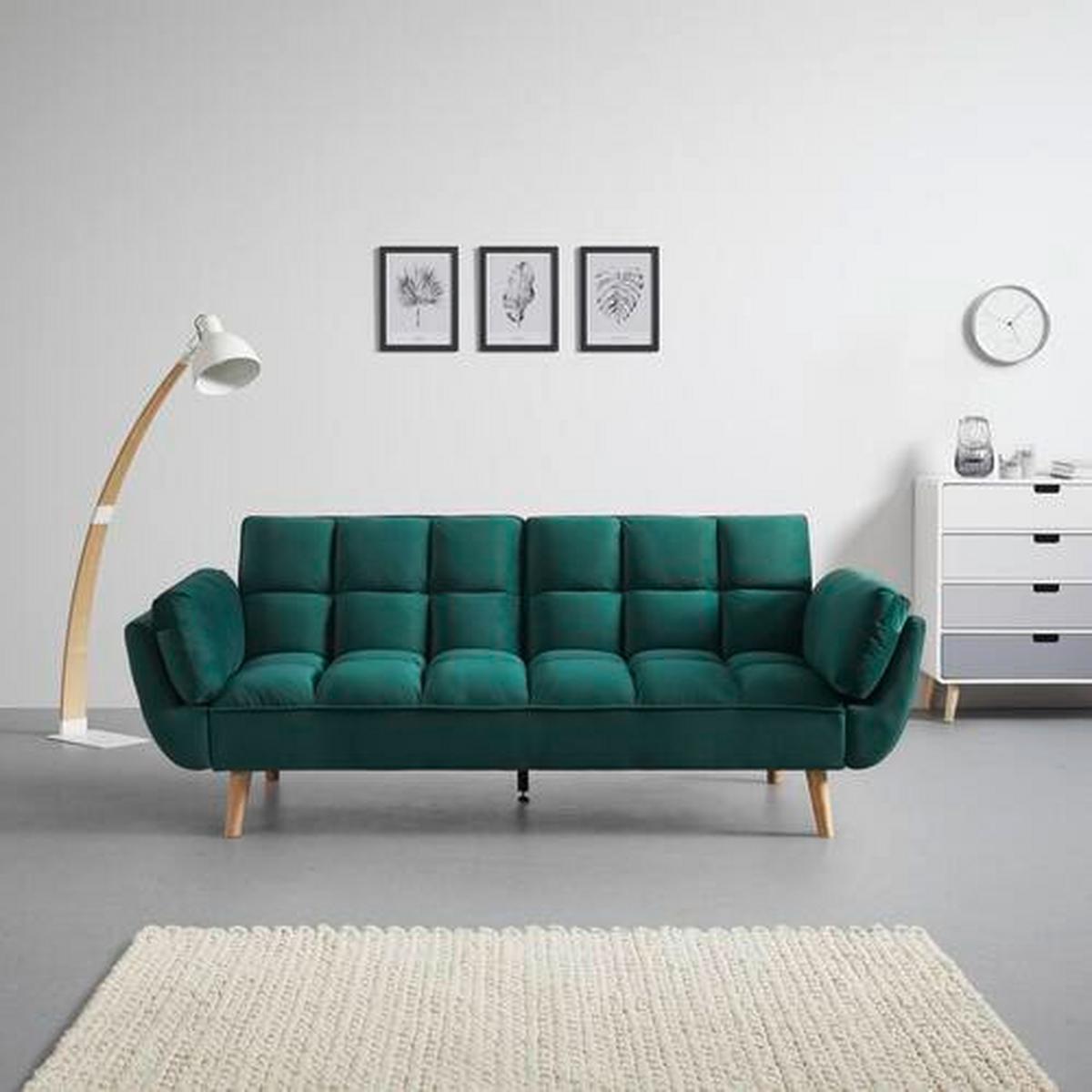 Rozkládací pohovka CORA, zelený samet, max. 360 kg - zelená/přírodní barvy, Moderní, dřevo/textil (214/92/81cm) - Bessagi Home