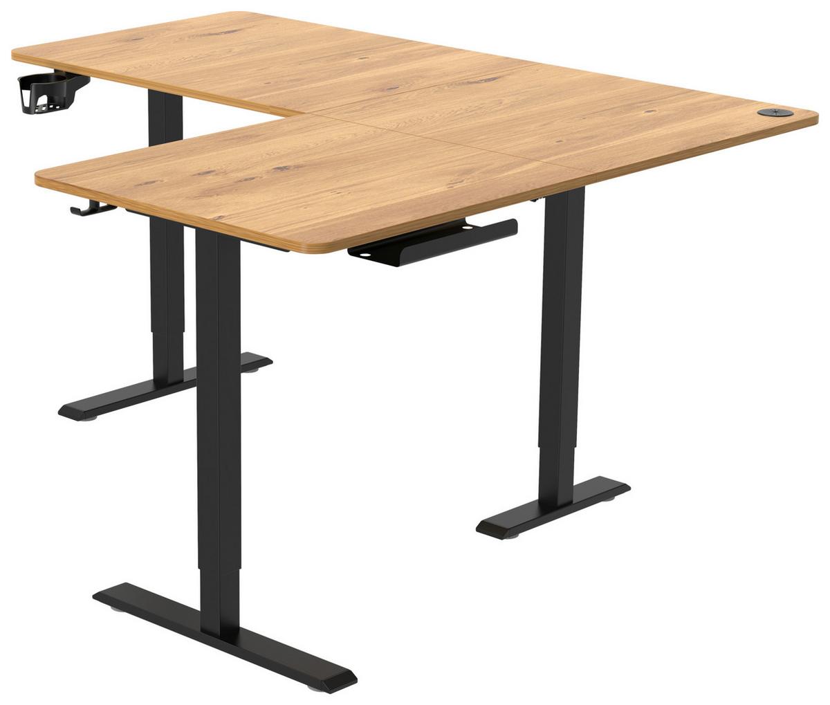 Eckschreibtisch Nimi Schwarz/Eiche L: 160cm - Plankeneiche/Schwarz, MODERN, Holzwerkstoff/Kunststoff (160/140/72-117cm) - Livetastic