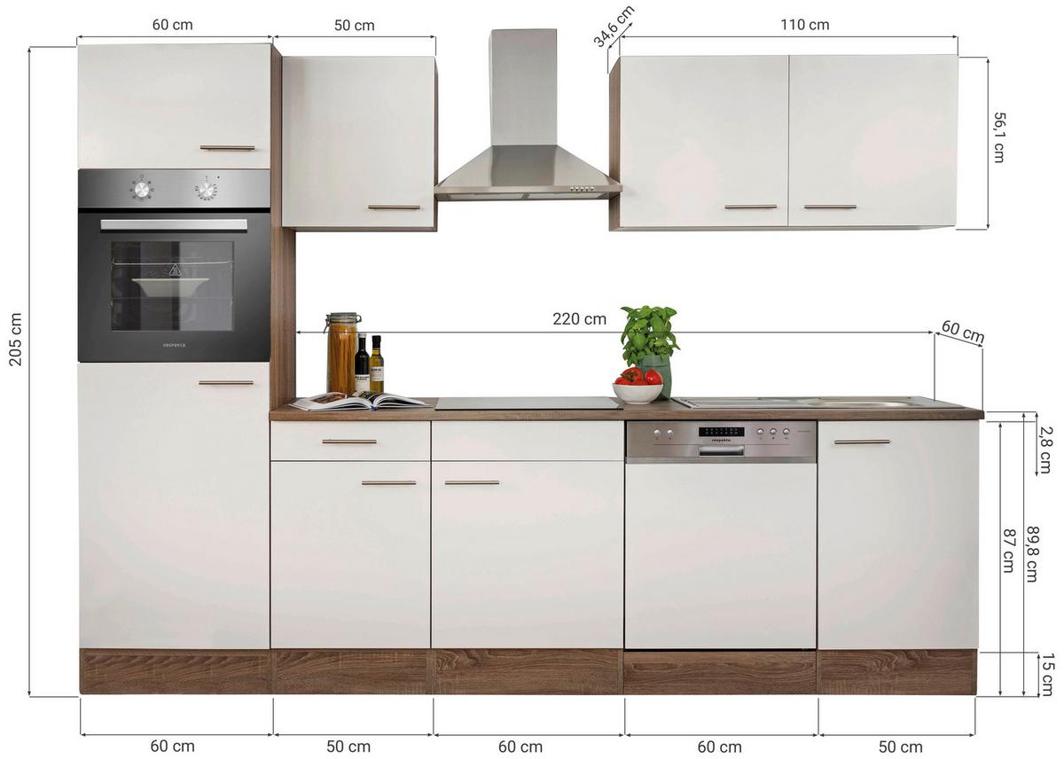 Küchenzeile mit Geräten B: 280 cm Weiß/Eiche Dekor - Eichefarben/Weiß, Design, Holzwerkstoff (280cm) - Respekta