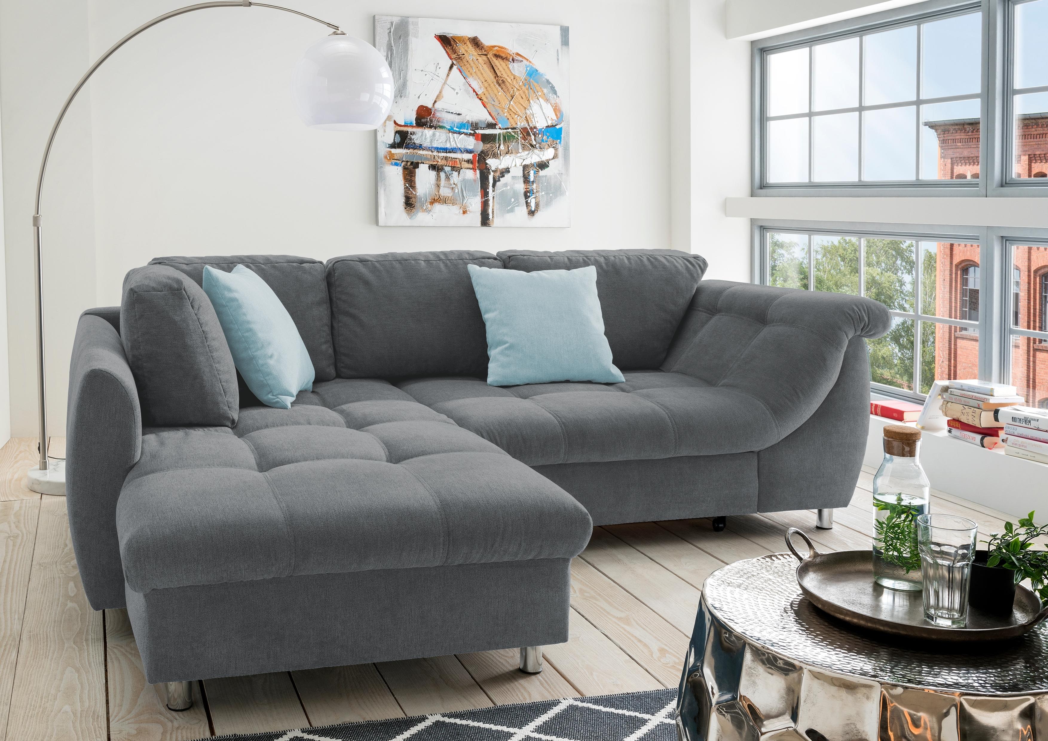 Ecksofa mit Schlaffunktion + Zierkissen Agira, Mikrofaser - Chromfarben/Pastellblau, Design, Textil (190/250cm) - Livetastic