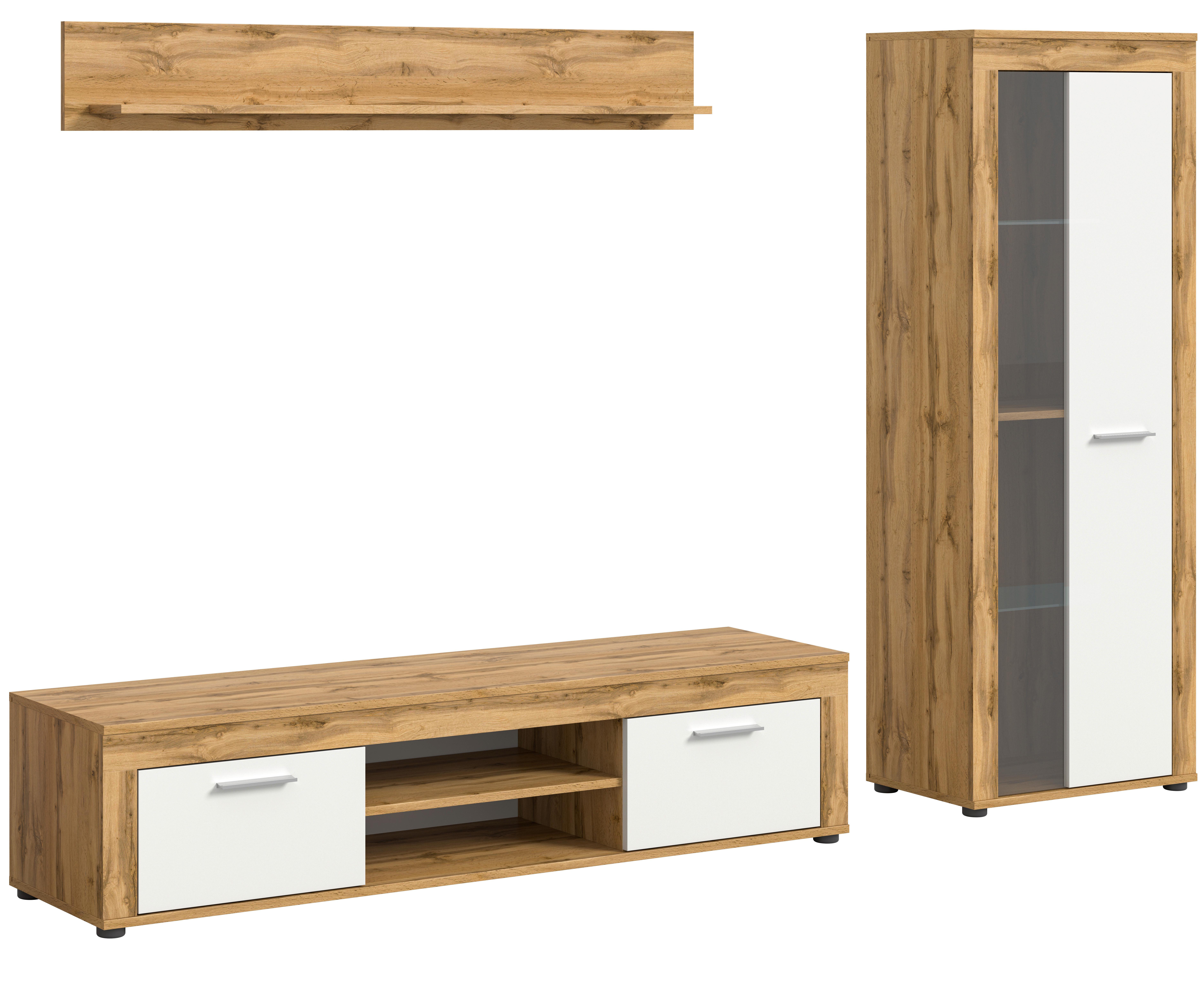 Wohnwand Jam Eiche Dekor Weiß 3-Teilig B: 235 Cm - Eiche Wotan/Schwarz, Design, Glas/Holzwerkstoff (235/159/35cm) - MID.YOU