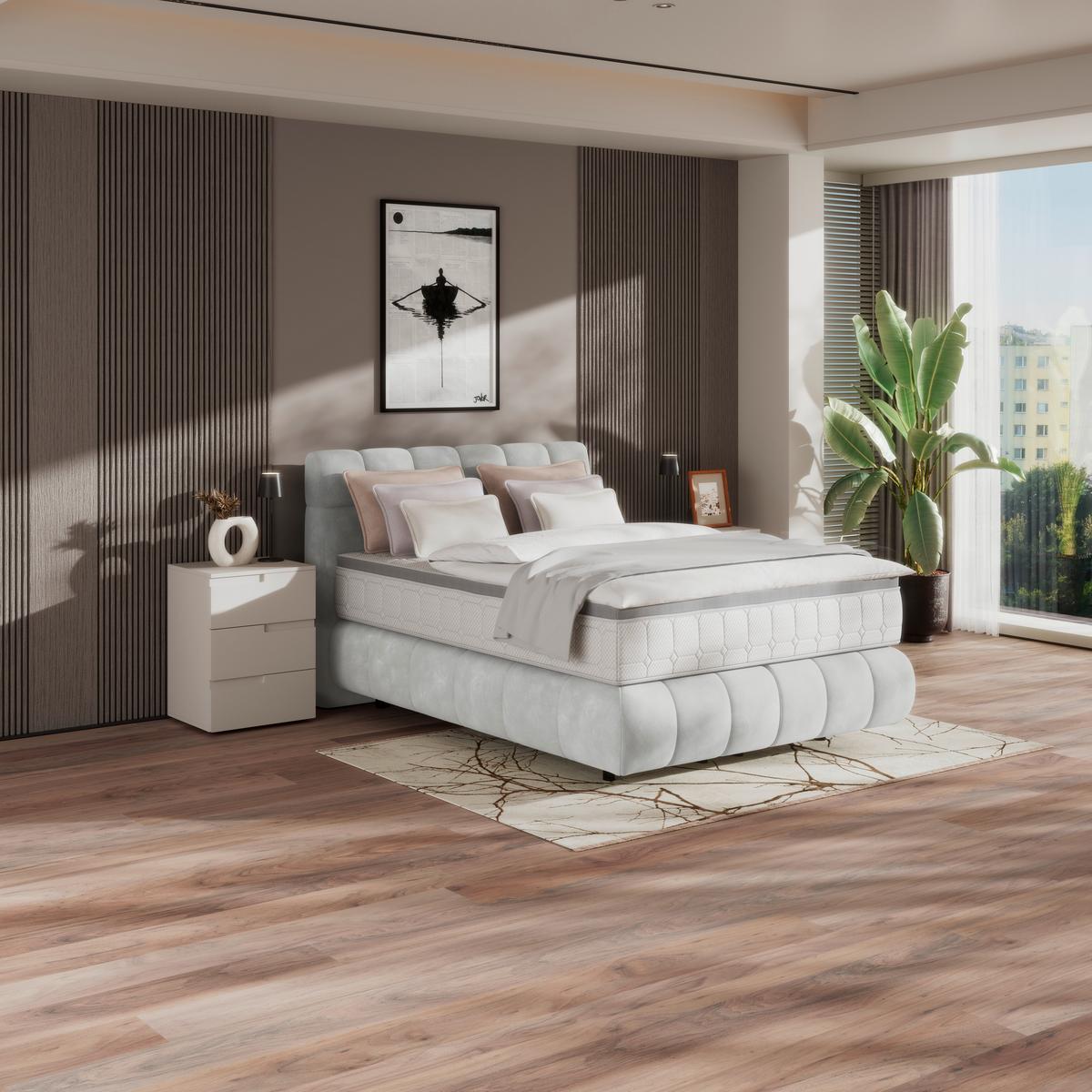 Boxspringbett Nobu Hellgrau, Lf: 140x200 Cm - Hellgrau/Schwarz, Trend, Holz/Textil (140cm)