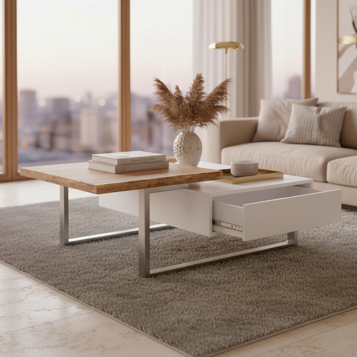 Konferenční stolek CARLOS - bílá/barvy dubu, Moderní, kov/dřevo (110/61/40cm) - Modern Living