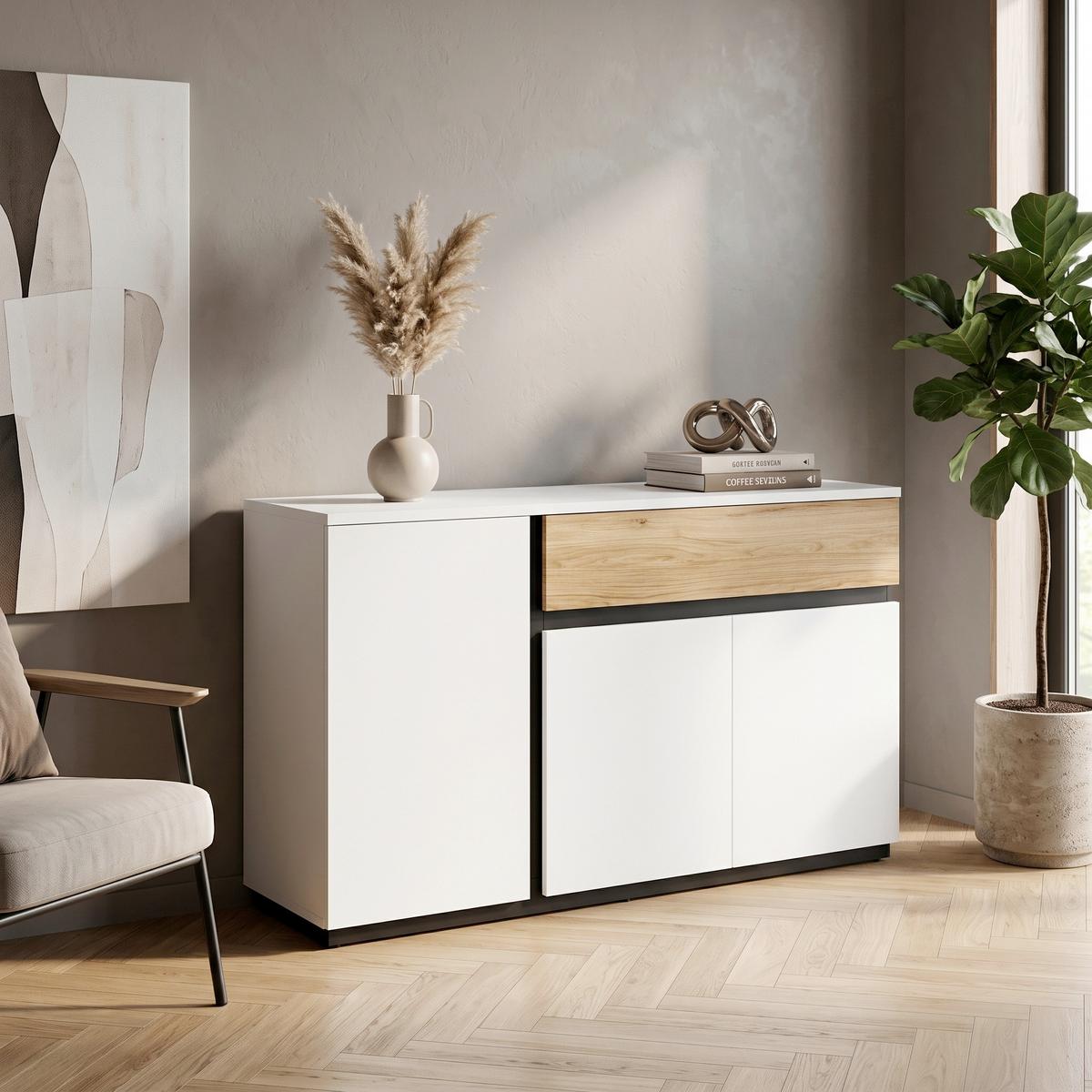 Sideboard Novena Alpinweiß B: 154,8 cm - Eichefarben/Schwarz, Trend, Holzwerkstoff (155/87/40cm)