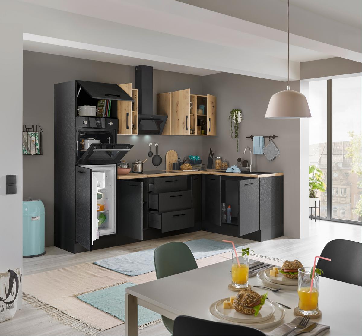 Eckküche Turin Schwarz/Eiche Dekor 270x165 cm - Schwarz/Eiche Artisan, Basics, Holzwerkstoff (270/165cm) - MID.YOU