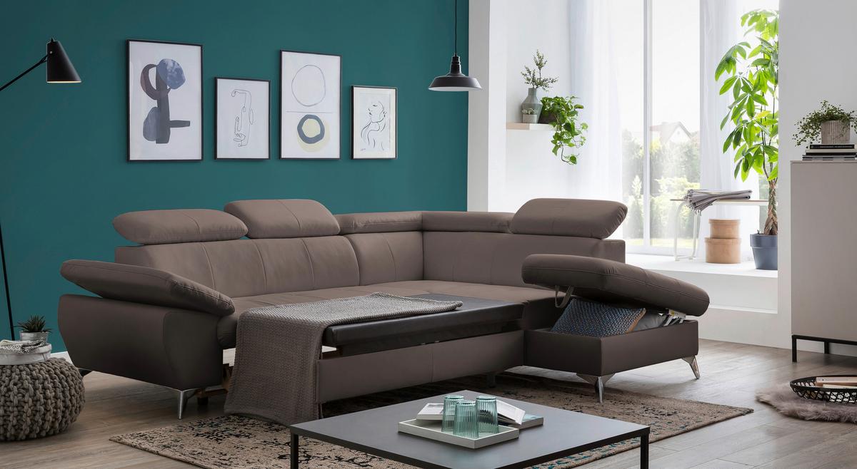 Ecksofa Mit Schlaffunktion Und Bettkasten Gisele Braun - Chromfarben/Braun, KONVENTIONELL, Textil (256/209cm) - Livetastic