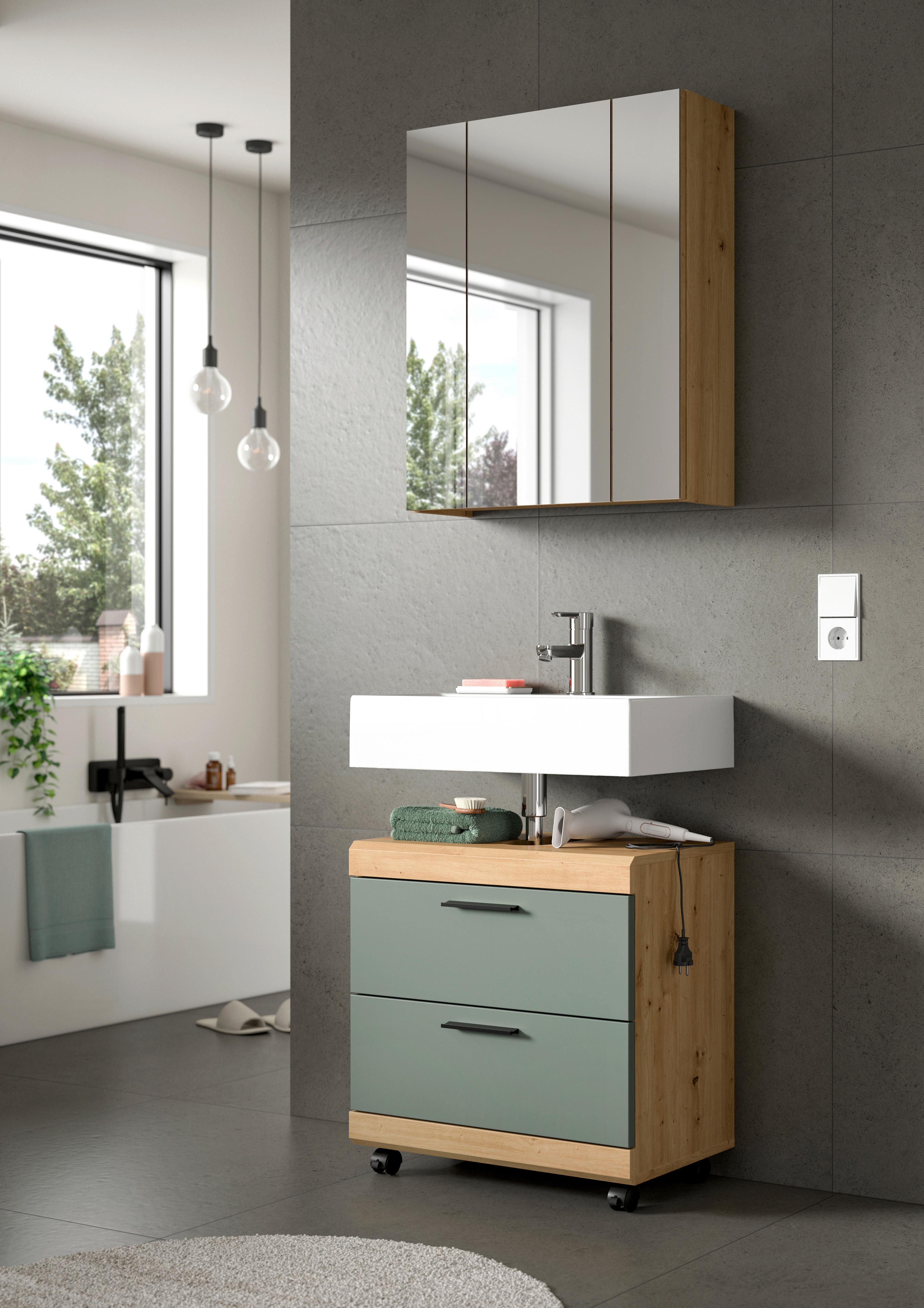 Badezimmer Scout Salbeigrün/Eiche Dekor B: 60cm - Salbeigrün/Schwarz, Trend, Glas/Holzwerkstoff (60cm) - MID.YOU