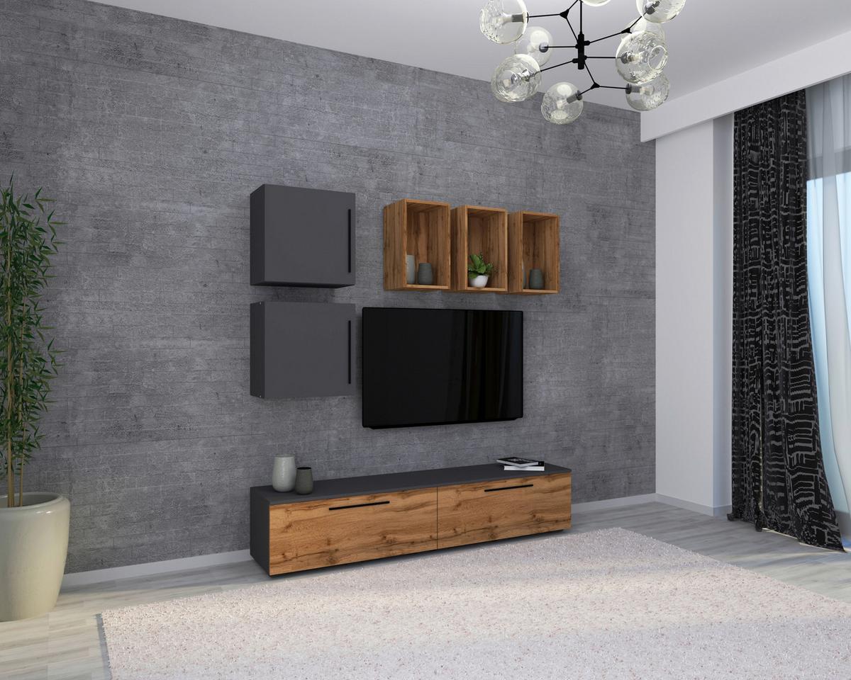 Obývacia stena Arila, 7- dielna, š: 190cm - čierna/farba duba, Modern, kompozitné drevo/plast (190/200/40cm) - MID.YOU