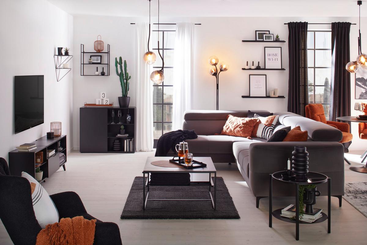 Rohová sedačka EMMA, ľavá, sivá,nast.op.hl,USB,el.výsuv - čierna/sivá, Modern, textil (210/301cm) - Premium Living