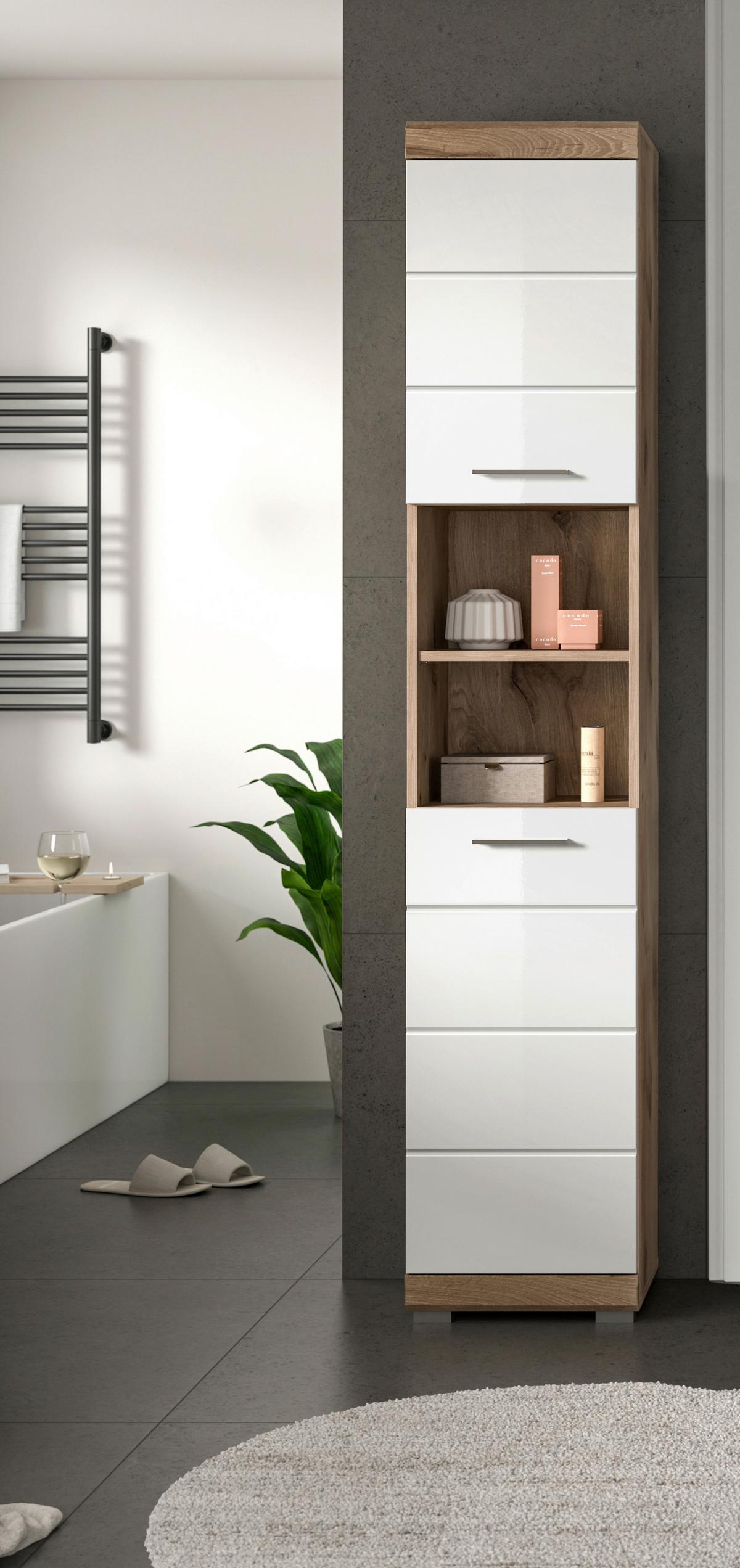 Hochschrank Wave Eichefarben Dekor Weiß Hg - Weiß Hochglanz/Eichefarben, MODERN, Holzwerkstoff (37/191/31cm) - MID.YOU