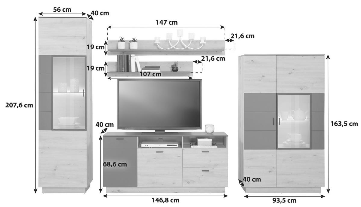 Wohnkombination Modern 5 -Teilig. Tonale 6, Eiche Dekor/Grau - MODERN (296,3/207,6/40cm)