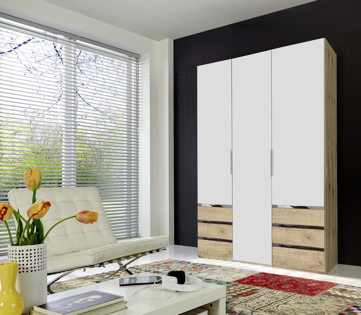 Drehtürenschrank Mit Schubladen 150cm Level 36a, Eichendekor - Eichefarben/Weiß, MODERN, Holzwerkstoff (150/216/58cm) - MID.YOU
