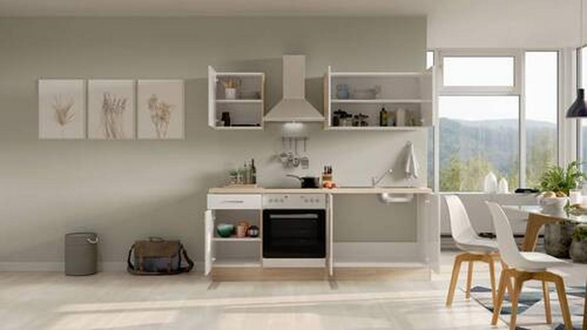 Küchenblock Valero Sonoma Eiche/weiß B: 210 Cm - Weiß Hochglanz/Sonoma Eiche, MODERN, Holzwerkstoff (210cm) - FlexWell
