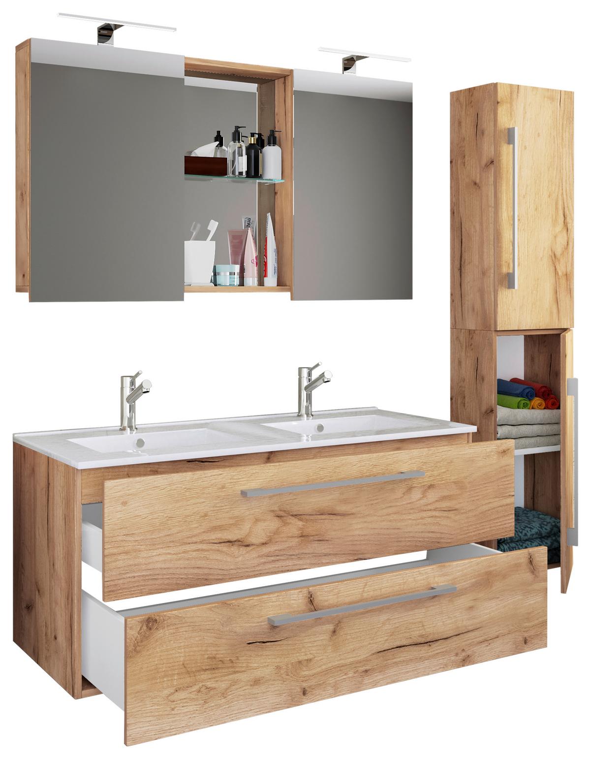 Badezimmer Budasi Honigeiche B: 111 cm - Honigeiche/Weiß, MODERN, Keramik/Holzwerkstoff (145cm) - MID.YOU