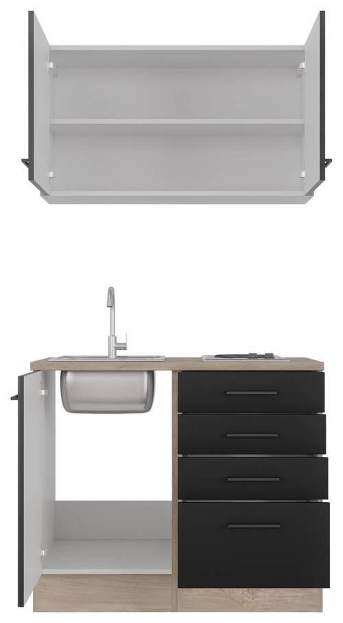 Minikuchyně CAPRI,šířka 300 cm včetně dřezu a varné desky - černá/barvy dubu, Moderní, kov/kompozitní dřevo (100cm) - FlexWell