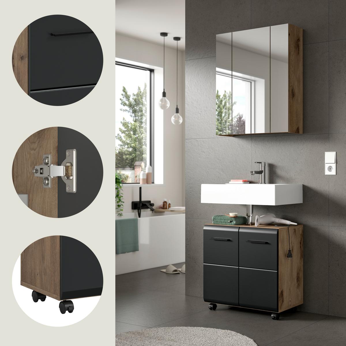 Badezimmer ICE Schwarz, Eiche dunkel B: 60 cm - Eiche dunkel/Schwarz, Trend, Glas/Holzwerkstoff (60cm) - MID.YOU