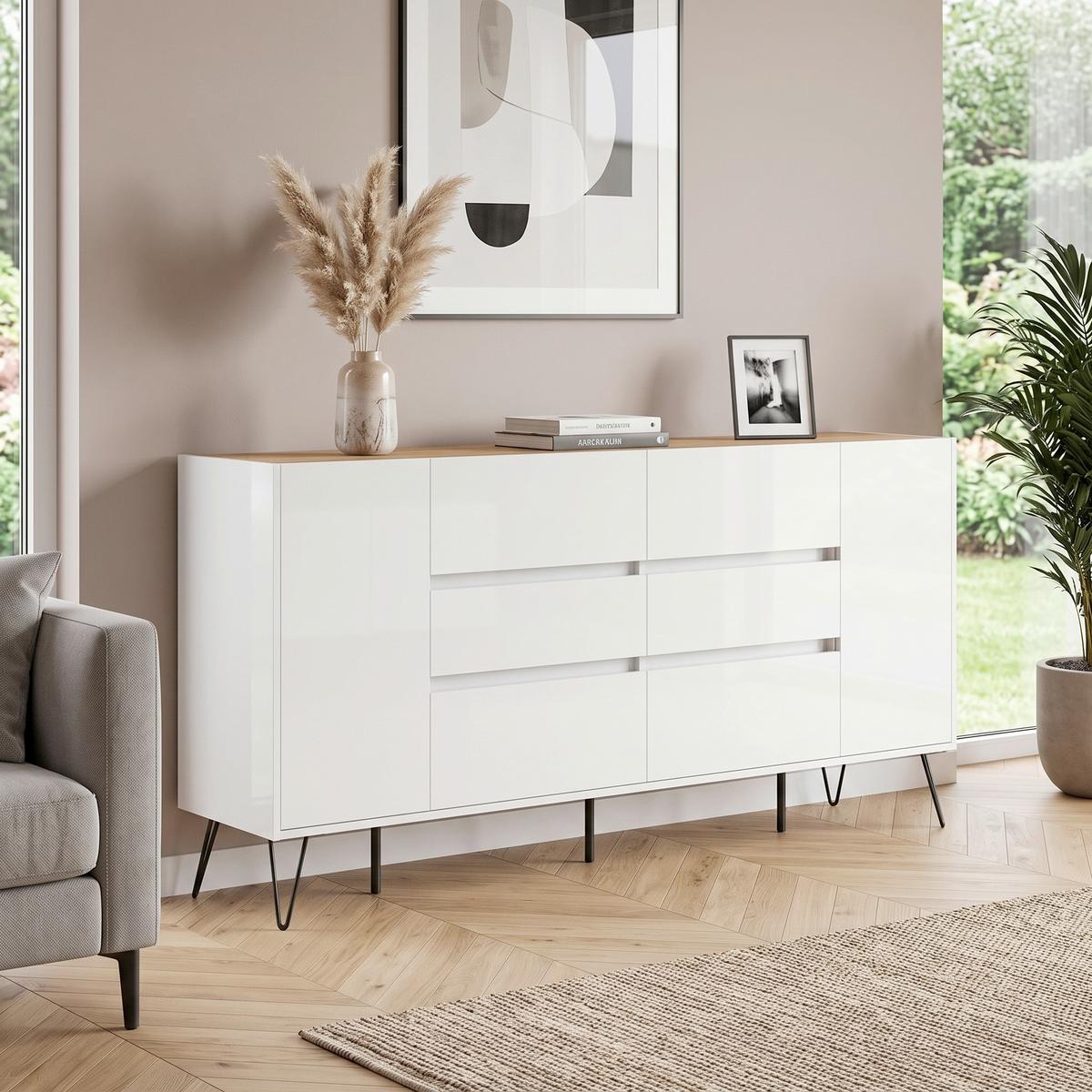 Sideboard Posseik Industrial Weiß/Eichefarben B: 199 cm - Weiß Hochglanz/Eichefarben, Design, Holzwerkstoff (199/93,6/42cm) - MID.YOU