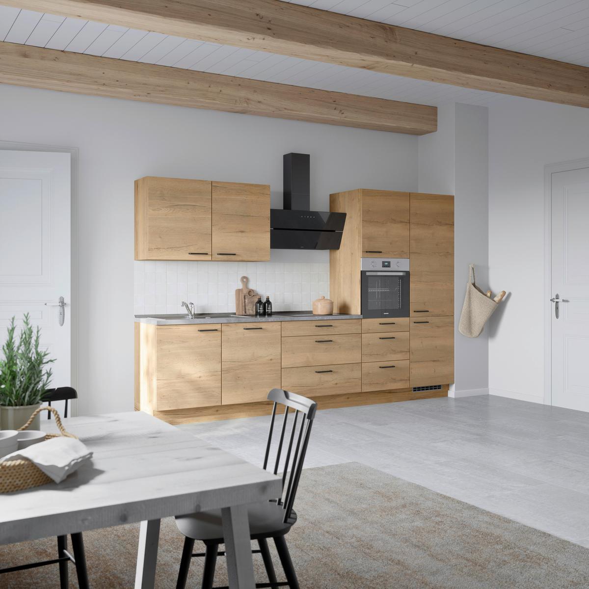Kuchynská linka 330 cm, dub Sierra - čierna/farba duba, Modern, kov/kompozitné drevo (330cm) - Nobilia