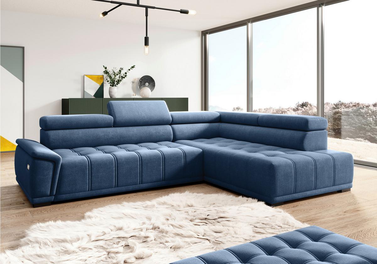 Rohová sedačka GRINALDI, pravá, tmavomodrá - čierna/tmavomodrá, Modern, textil/plast (283/106cm) - Premium Living