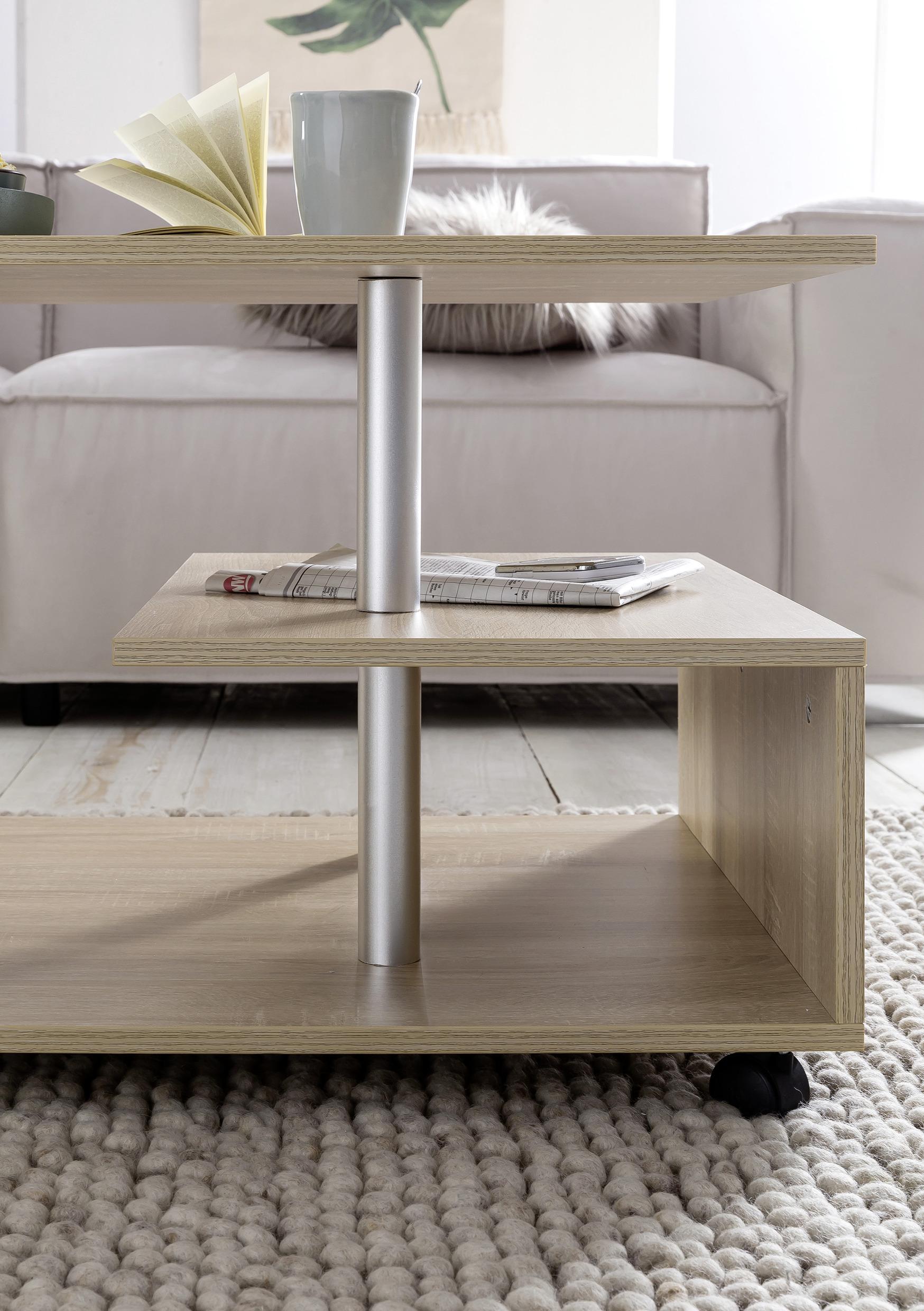 MID.YOU Couchtisch mit Ablageflächen + Rollen, Eiche Dekor