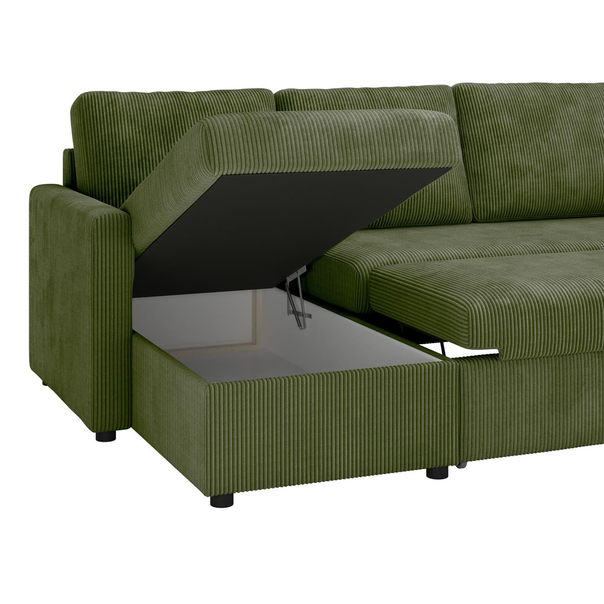 Ecksofa mit Schlaffunktion Paris Grün Cord 215x145cm - Schwarz/Grün, Basics, Holz/Holzwerkstoff (215/145cm)