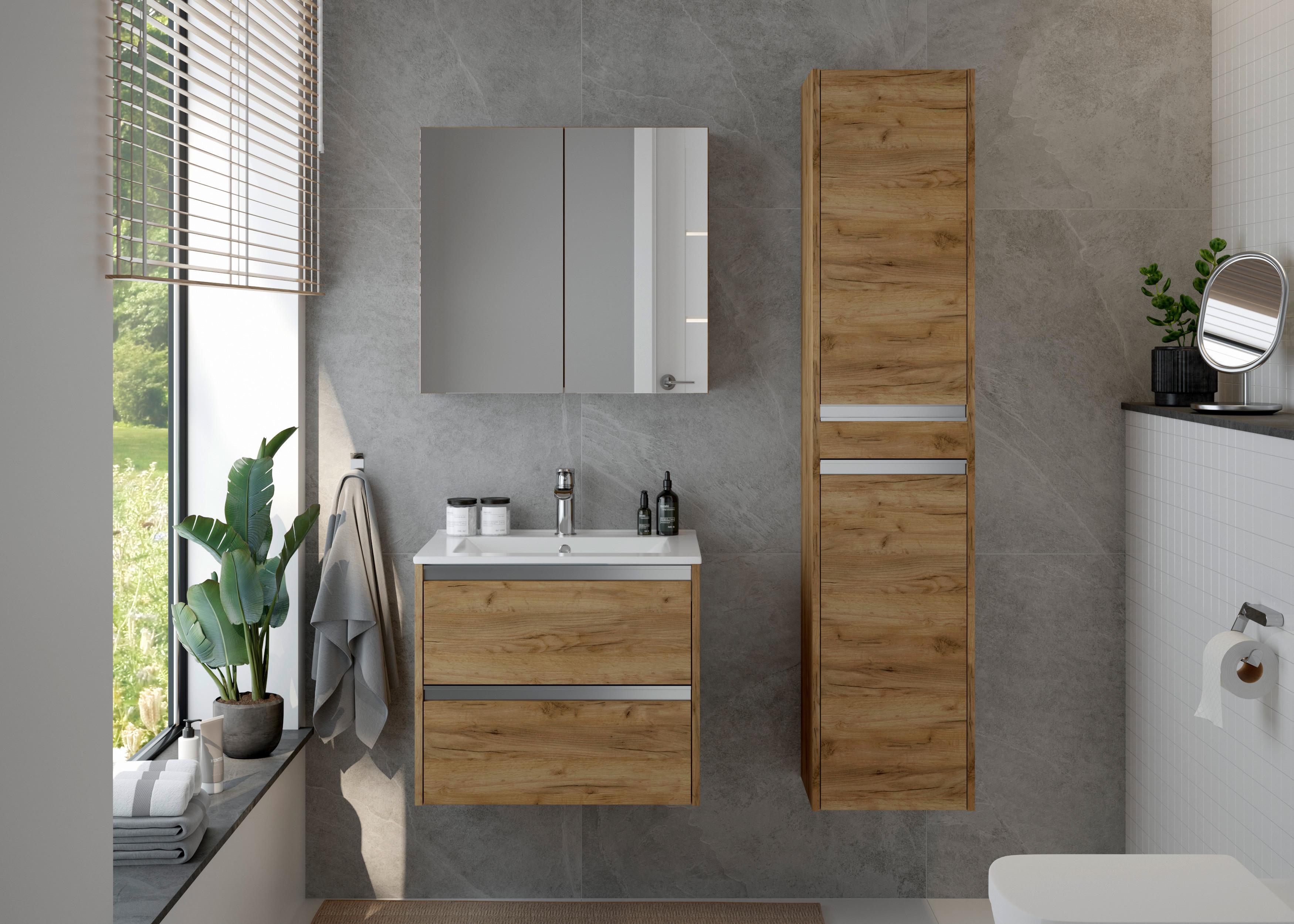 Waschbecken mit Unterschrank Nena B: 59 cm Eiche Dekor - Eichefarben/Weiß, MODERN, Keramik/Holzwerkstoff (60cm) - MID.YOU