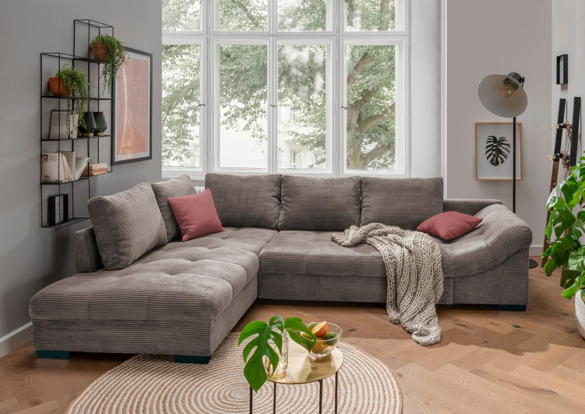 Rohová sedačka ALVITO, ľavá, sivohnedý menčester - hnedá/koralová, Design, drevo/textil (202/298cm) - MID.YOU