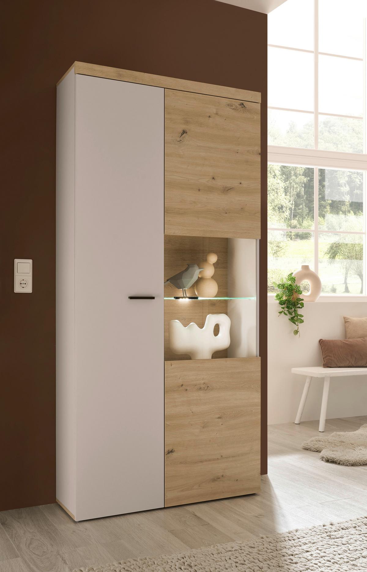 Vitrine Strada Giga *ph* Eiche Artisan/Kashmir, B: 91cm - Kaschmir/Schwarz, Trend, Glas/Holzwerkstoff (91/193/32cm)