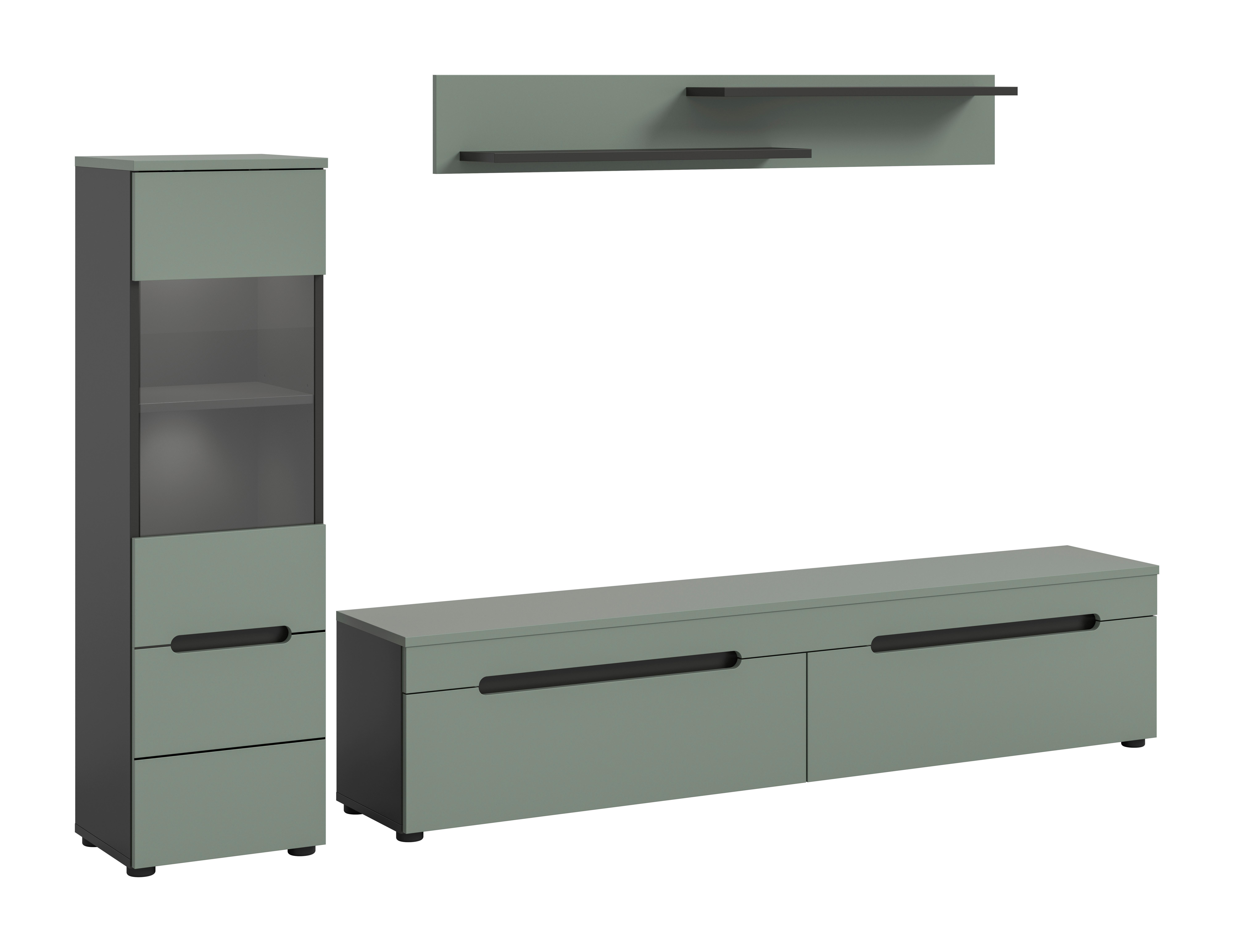 WOHNWAND Canu Graugrün B: 221cm - Schwarz/Graugrün, Design, Holzwerkstoff (221/141/33cm) - Livetastic