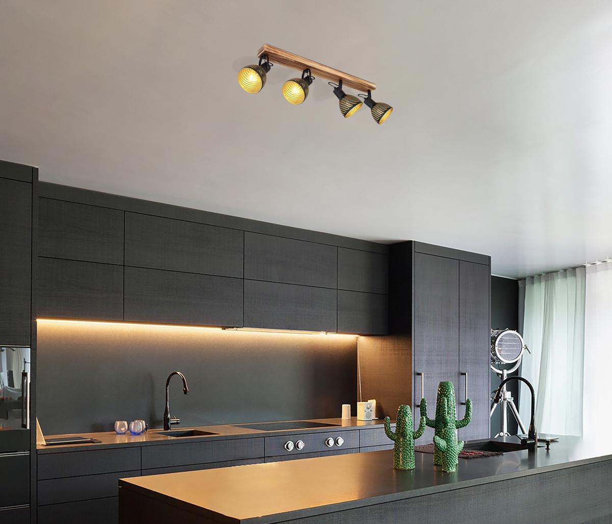 Strahler 4-Flammig verstellbar L: 80 cm - Dunkelbraun/Goldfarben, Basics, Holz/Metall (80/12,5/25cm) - Globo