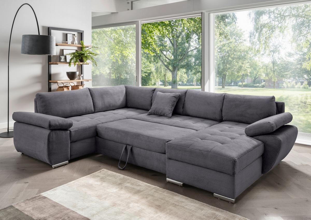 Wohnlandschaft Terana mit Schlaffunktion, Grau - Chromfarben/Grau, KONVENTIONELL, Textil (219/305/157cm) - P & B