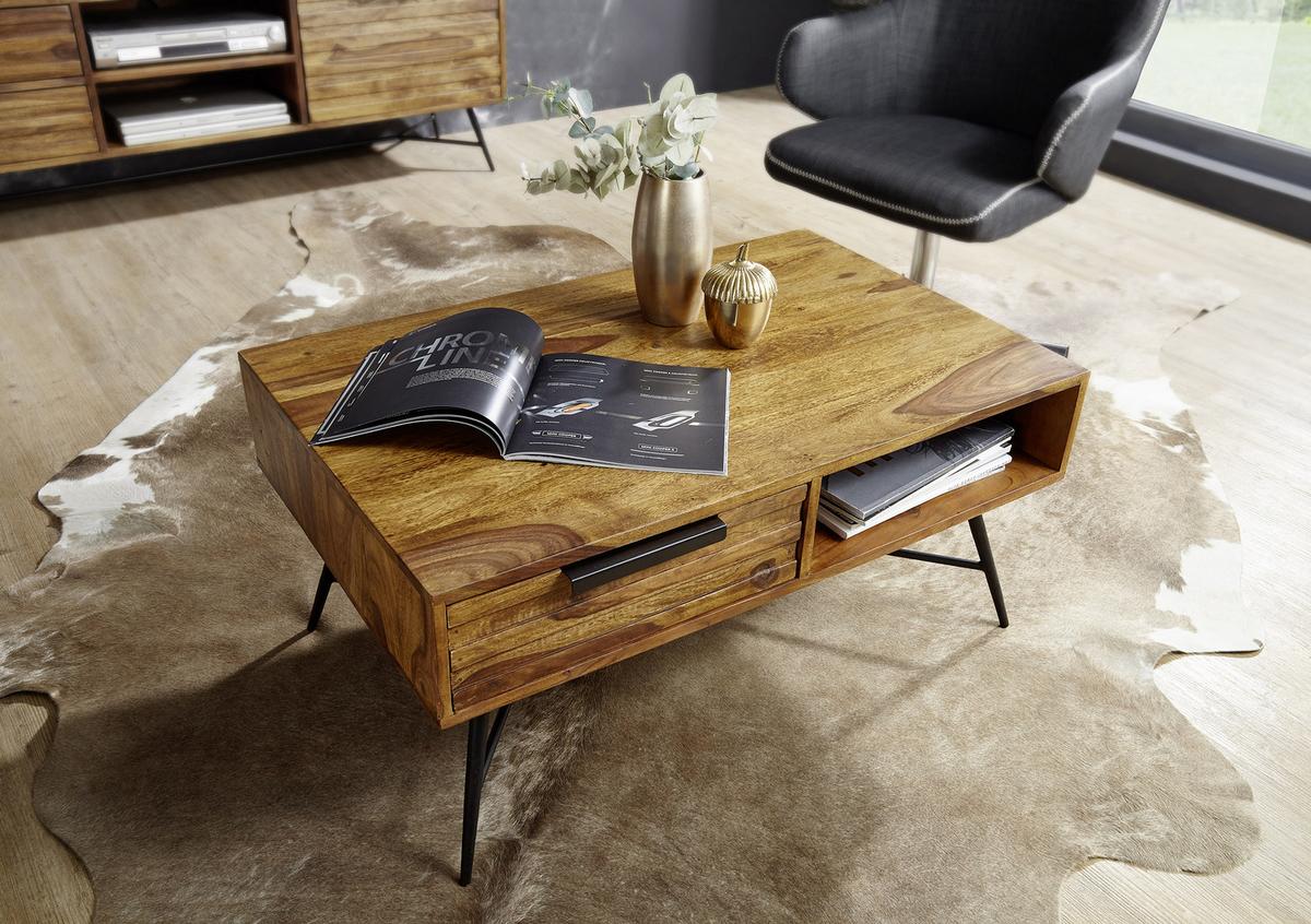 Couchtisch Holz Mit Schublade + Fach Nishan, Sheesham - Sheeshamfarben/Schwarz, Design, Holz/Metall (87/41/55cm) - MID.YOU