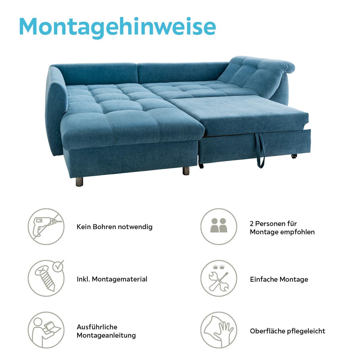 Ecksofa mit Schlaffunktion Agira Blau 190x250cm - Chromfarben/Blau, Design, Textil (190/250cm) - Livetastic