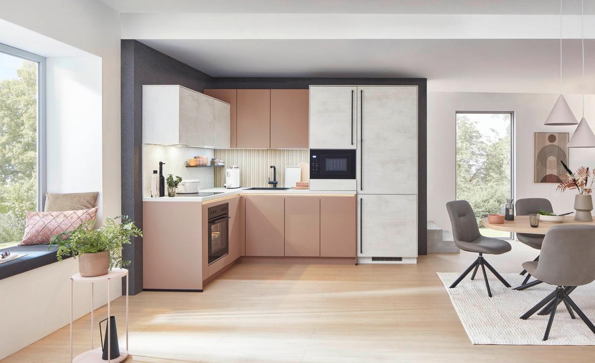 Eckküche Sidney/Riga - Sandfarben/Koralle, Basics, Holzwerkstoff (185/288cm) - Vertico