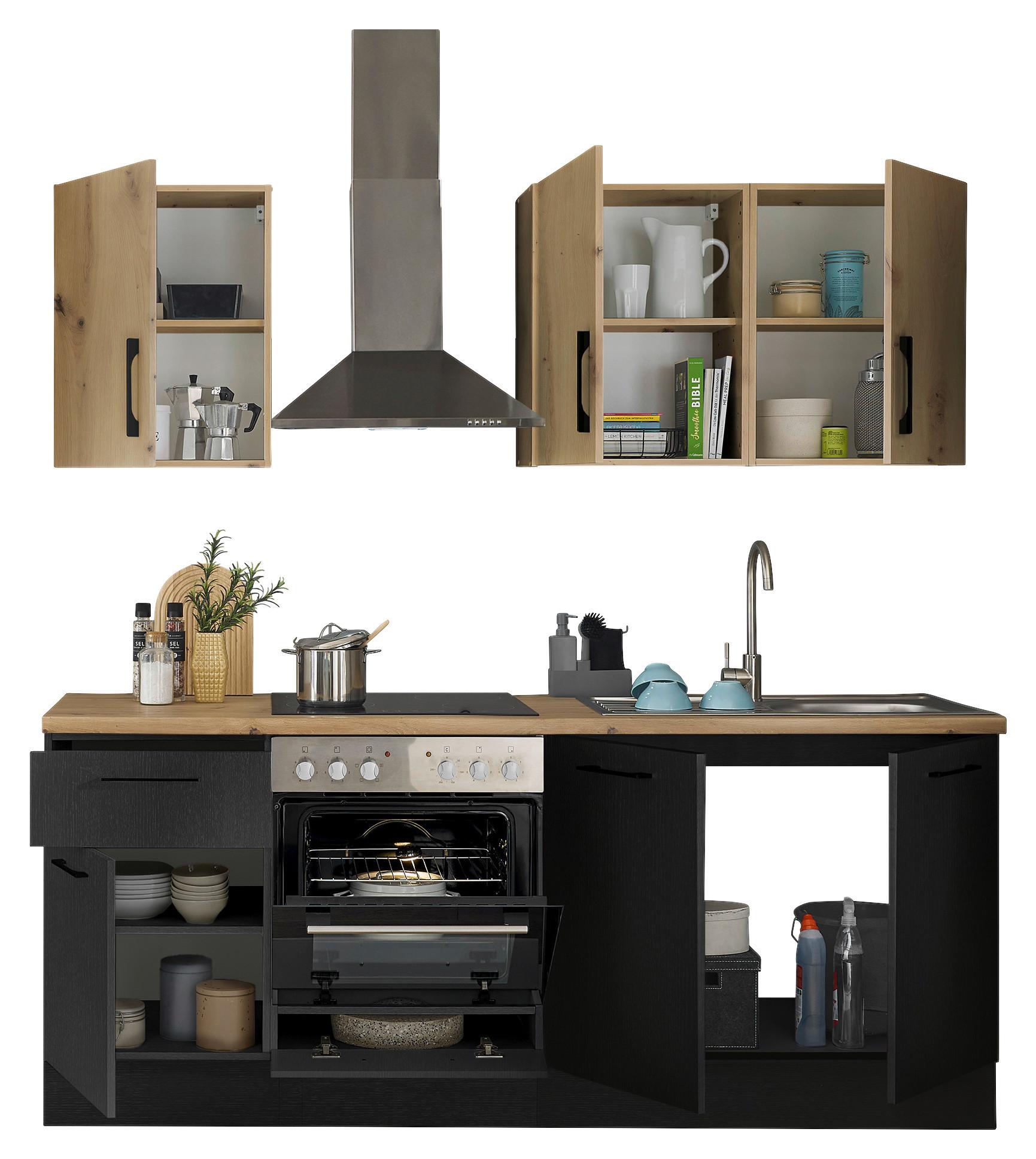 Küchenblock Turin Schwarz/Eiche Dekor B: 210 cm - Schwarz/Eiche Artisan, Basics, Holzwerkstoff (210cm) - MID.YOU